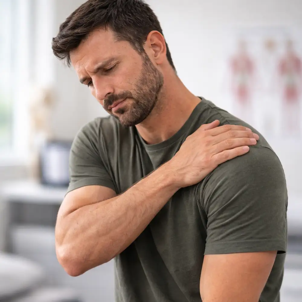 Chiropractor examining a male patient with shoulder pain during a treatment assessment in Draper, Utah