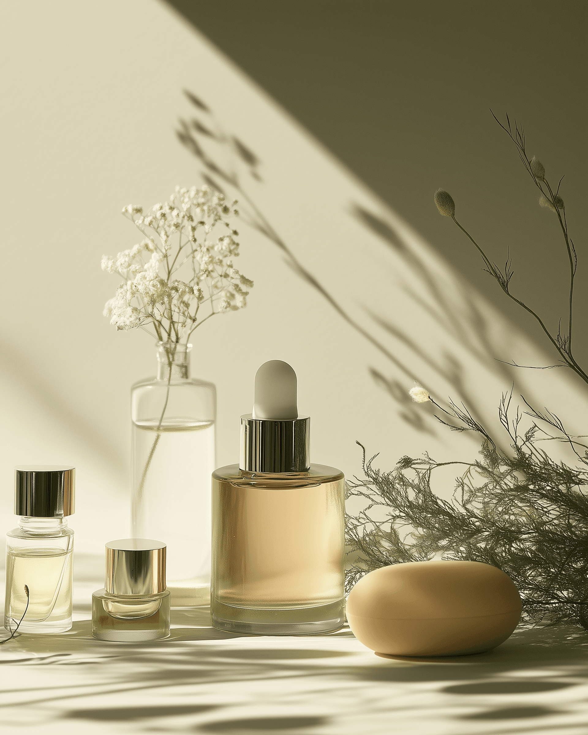 Minimal skincare setup with glass bottles and white flowers on a clean beige table.
