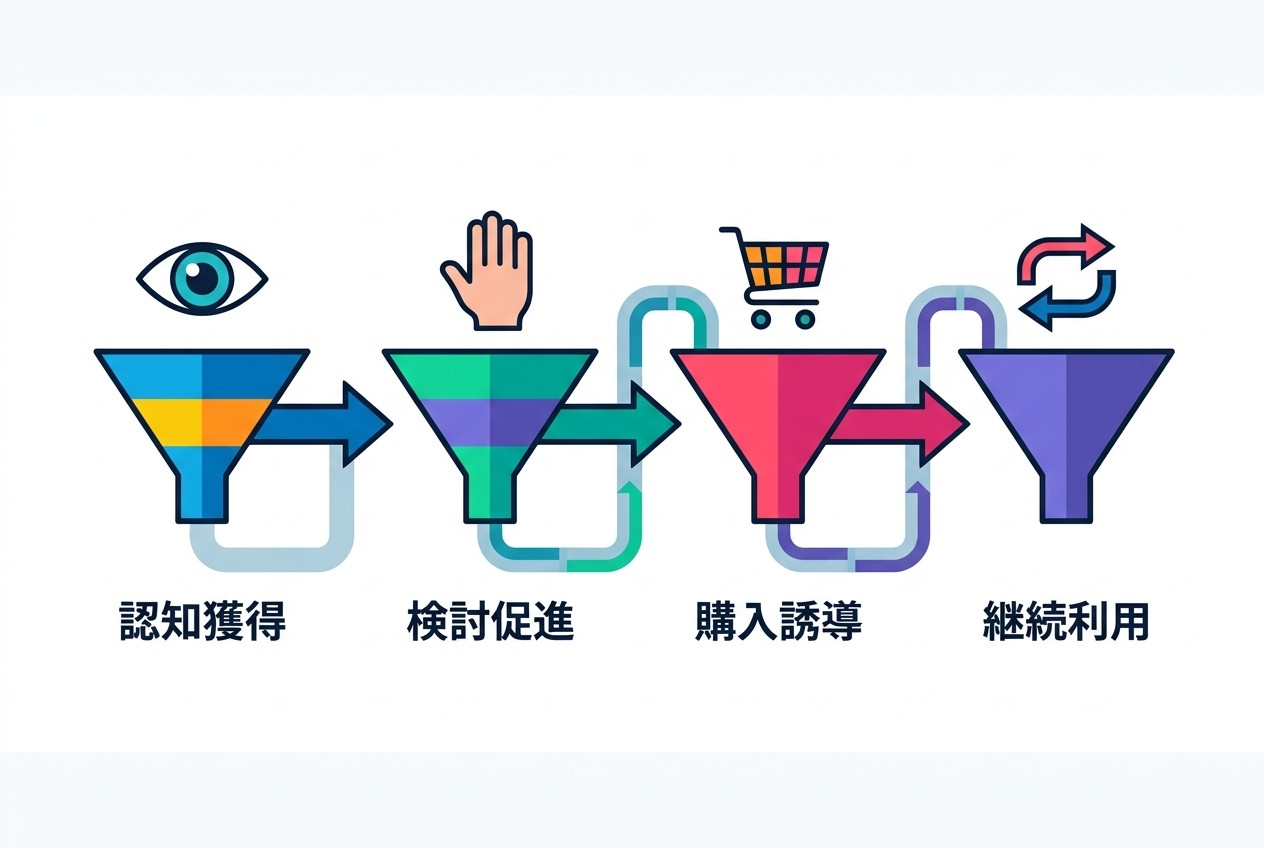 フルファネル各段階でのデータ連携の流れ。上部ファネルで獲得したユーザーデータを下部ファネルでも活用し、一貫したユーザー体験を提供する。