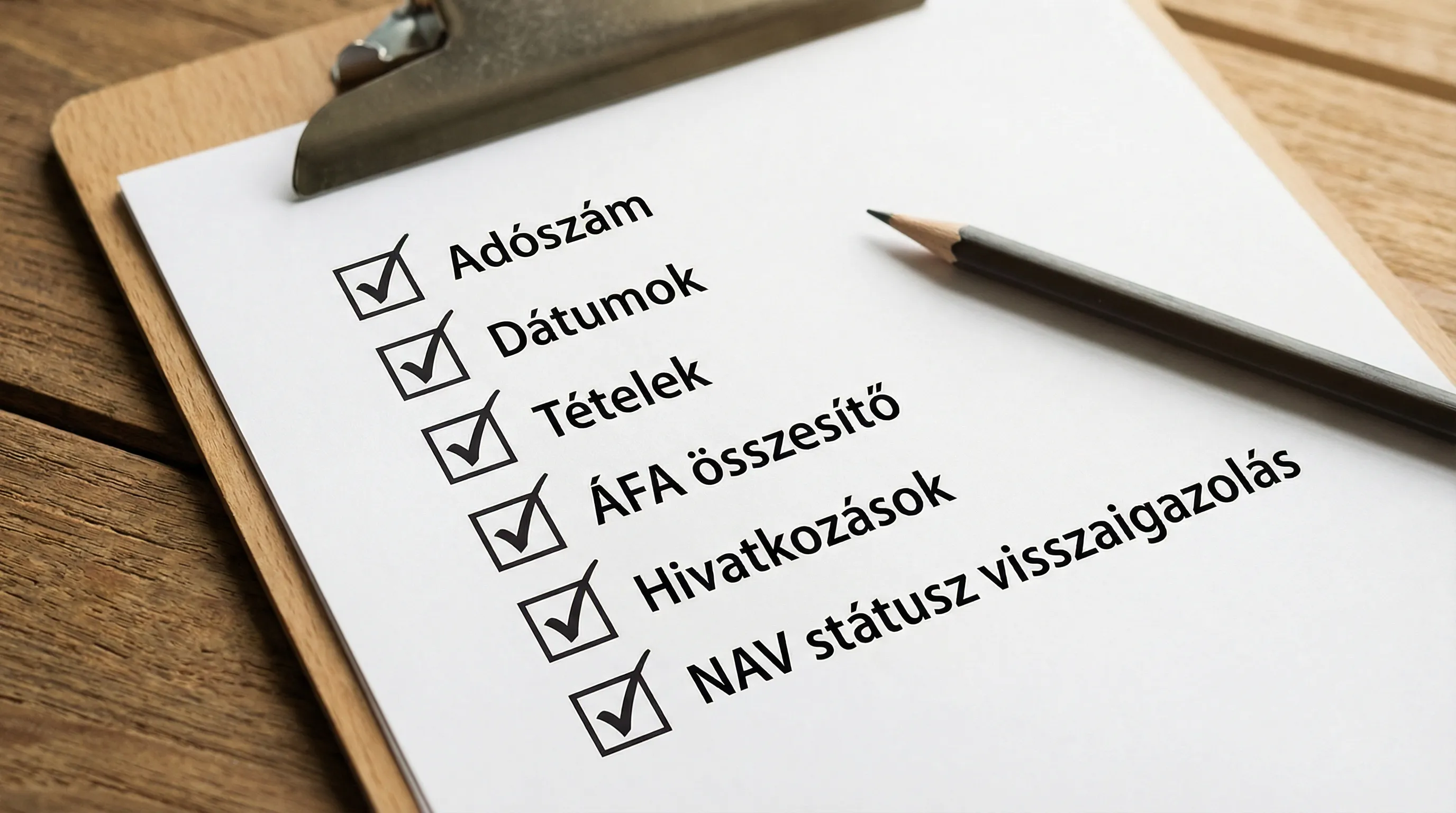 Egy közeli illusztráció egy ellenőrzőlistáról: adószám, dátumok, tételek, áfaösszesítő, hivatkozások és NAV státusz visszaigazolás jelölőnégyzetekkel.