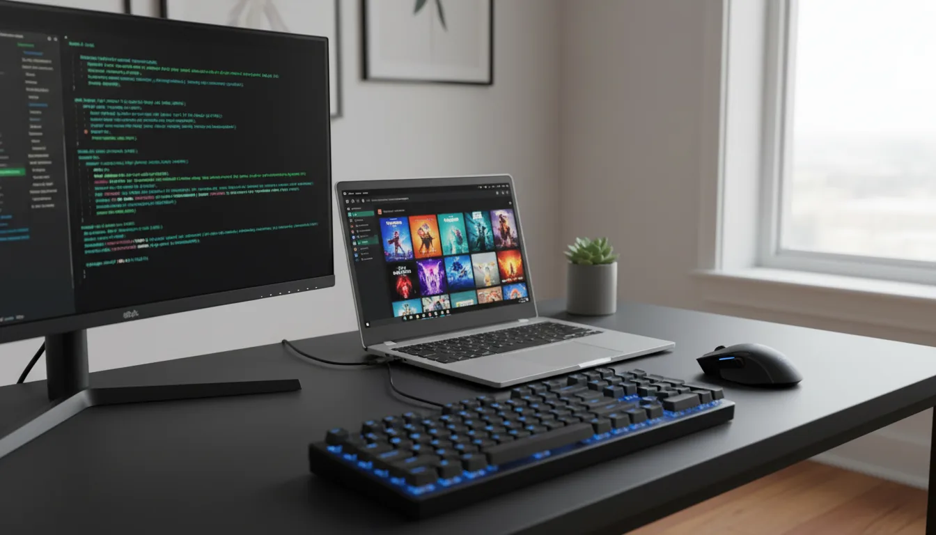DSLR photograph of a modern desk setup under natural daylight. A sleek silver Chromebook is open on a black desk, its screen displaying a video game library interface in dark mode with a grid of placeholder game covers. To the left, an external monitor displays a code editor with abstracted text lines and syntax highlighting. In the foreground, a black mechanical keyboard with blue backlit keys and a black wired mouse are visible. The image has a sharp focus and a clean, slightly high-angle composition.