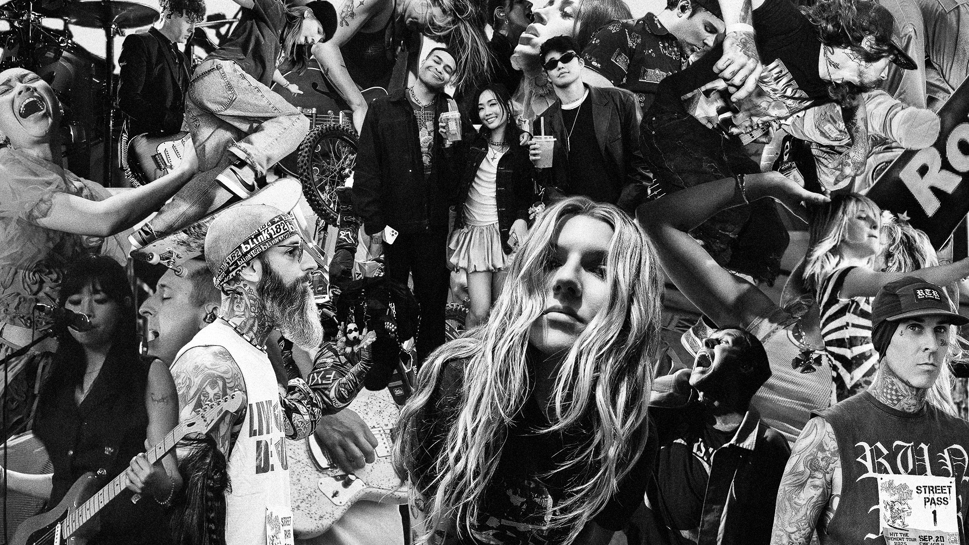 A dynamic black and white collage features a variety of rock musicians passionately performing with instruments, showcasing intense expressions and dynamic poses on stage.