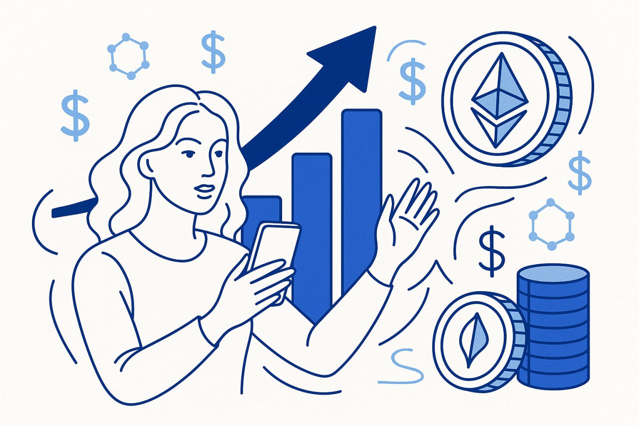 Illustration of a woman holding a smartphone, with financial growth charts, dollar symbols, and Ethereum coins in the background. Cryptocurrency, financial success, and digital technology concept.