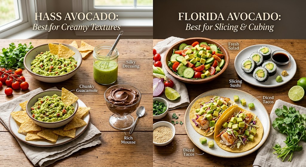 A side-by-side comparison illustrating how Hass avocados are best for creamy textures like guacamole and mousse, while Florida avocados are best for slicing and cubing in salads, sushi, and tacos.