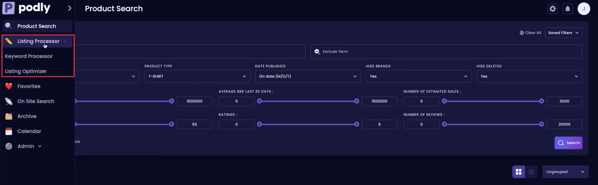 Fonctionnalité de création de listing 'Listing Processor' dans Podly pour l'optimisation de fiches produits POD sur Amazon