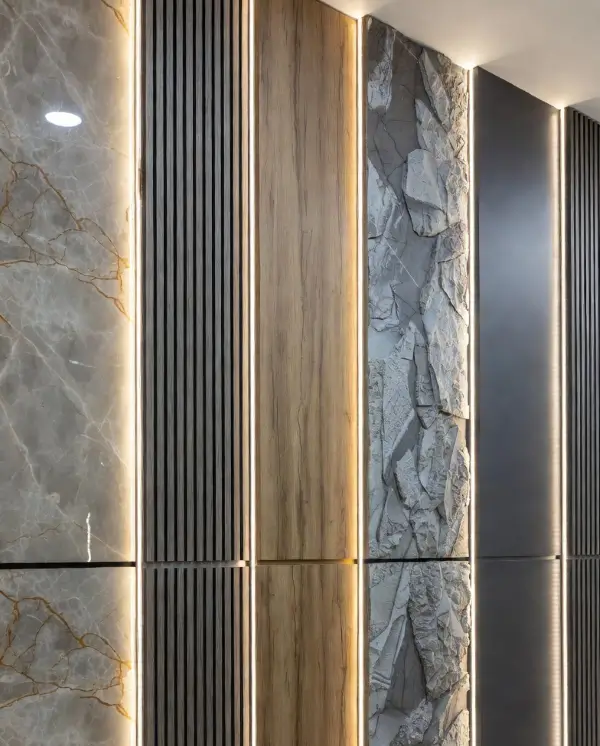 διακοσμητικές επενδύσεις τοίχου με marble ξύλο πέτρα και κάθετα panels με κρυφό φωτισμό LED σε σύγχρονο χώρο