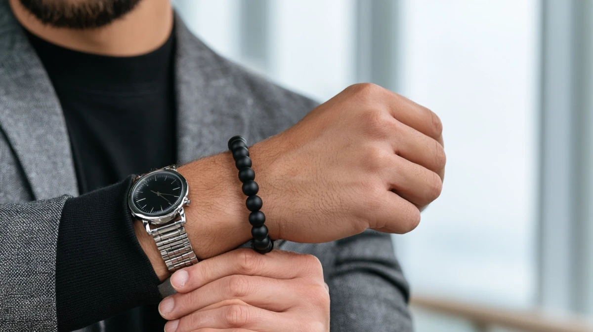 Black onyx bracelet on a wrist beside a watch.