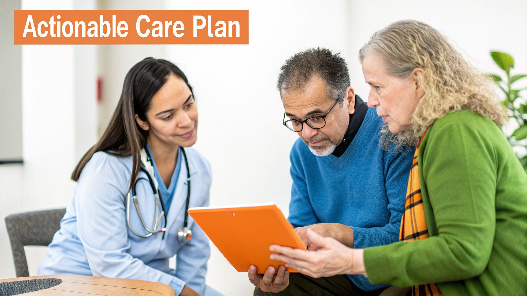 A female doctor discusses an actionable care plan on an orange clipboard with an older couple.