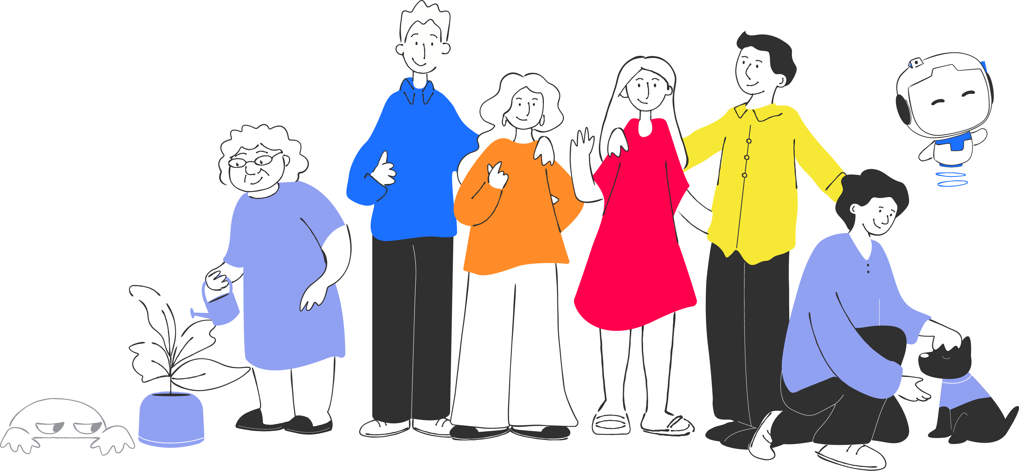 Ilustração de pessoas de diferentes idades e perfis reunidas ao lado do mascote da DevolveAI, representando a diversidade de brasileiros que a plataforma protege e ajuda a recuperar valores perdidos em golpes digitais.