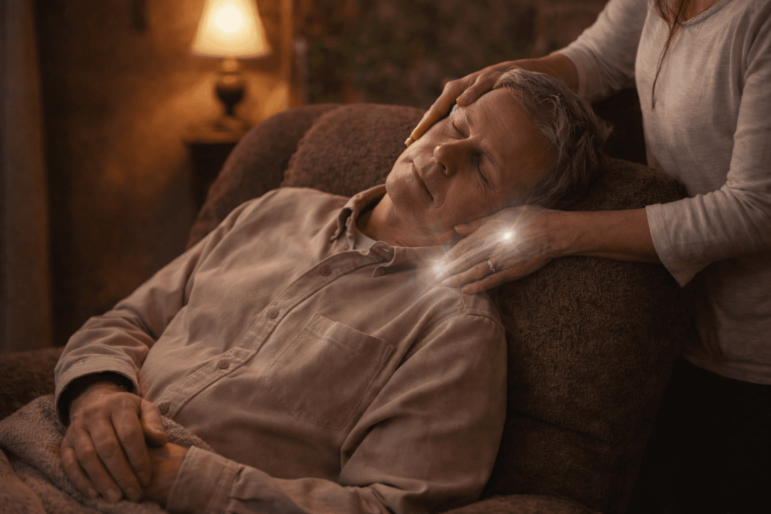 A person with curly hair sits at a desk, working on a laptop in a cozy, well-lit environment.