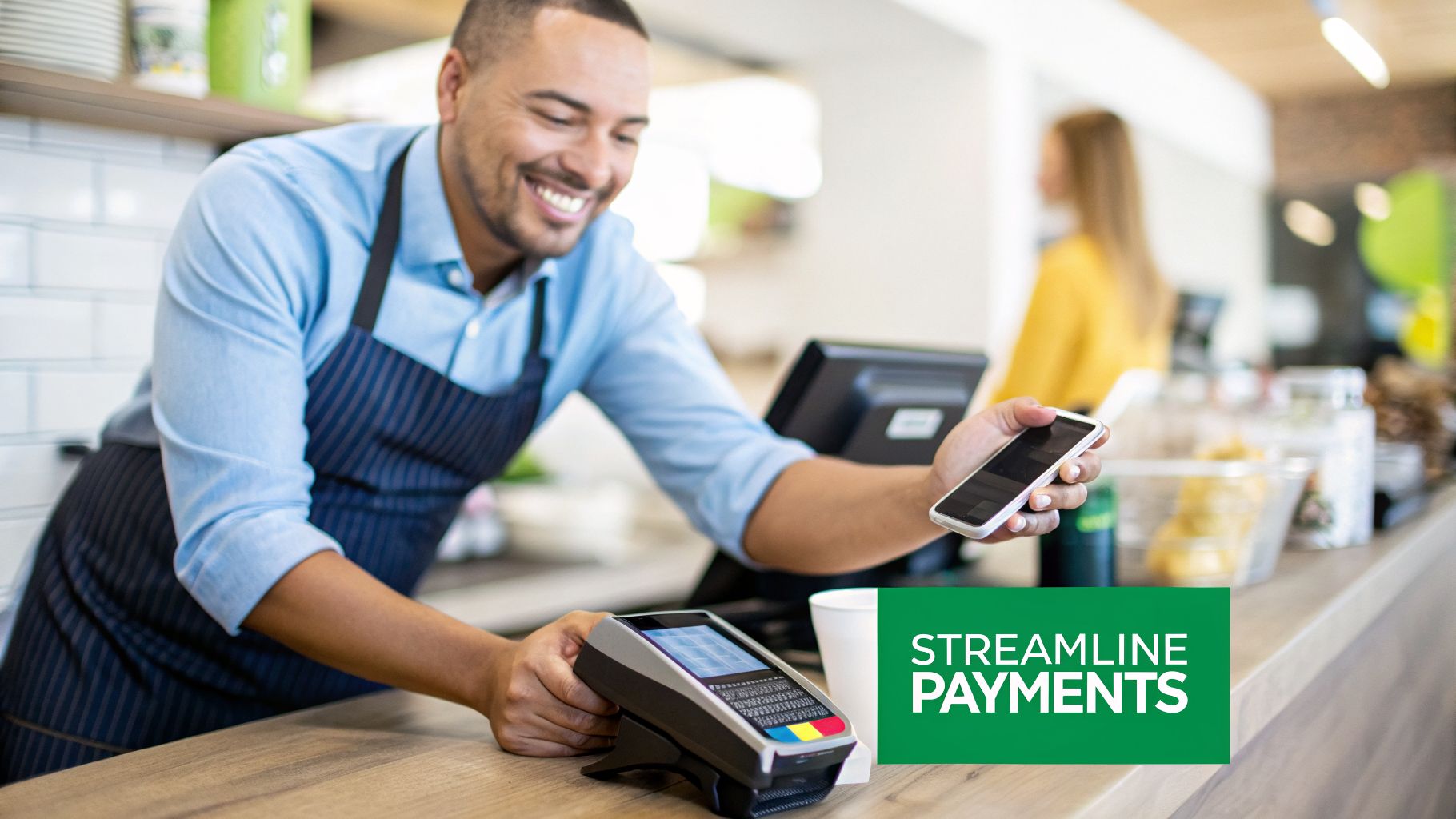 Smiling barista assisting customer with contactless mobile payment at a cafe counter.