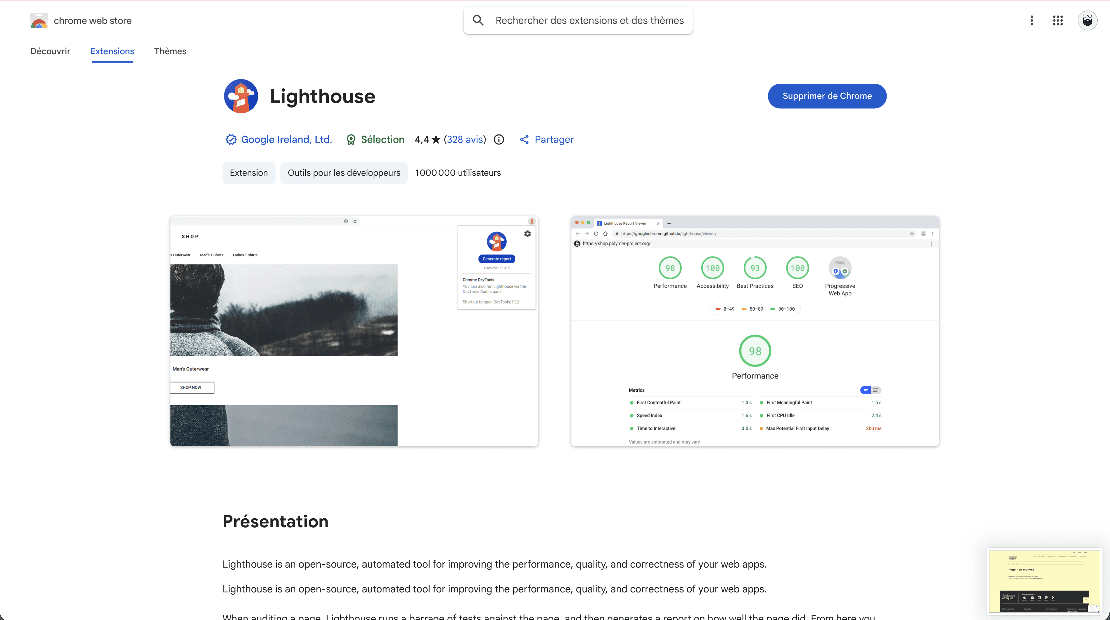 Capture d'écran de la page de Google Lighthouse
