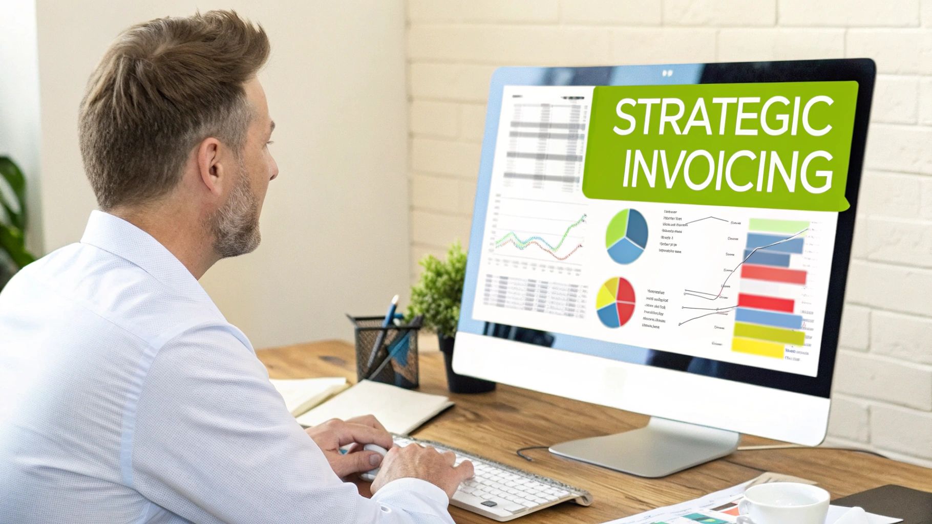 A man at a desk looks at a computer monitor displaying 'Strategic Invoicing' and financial charts.