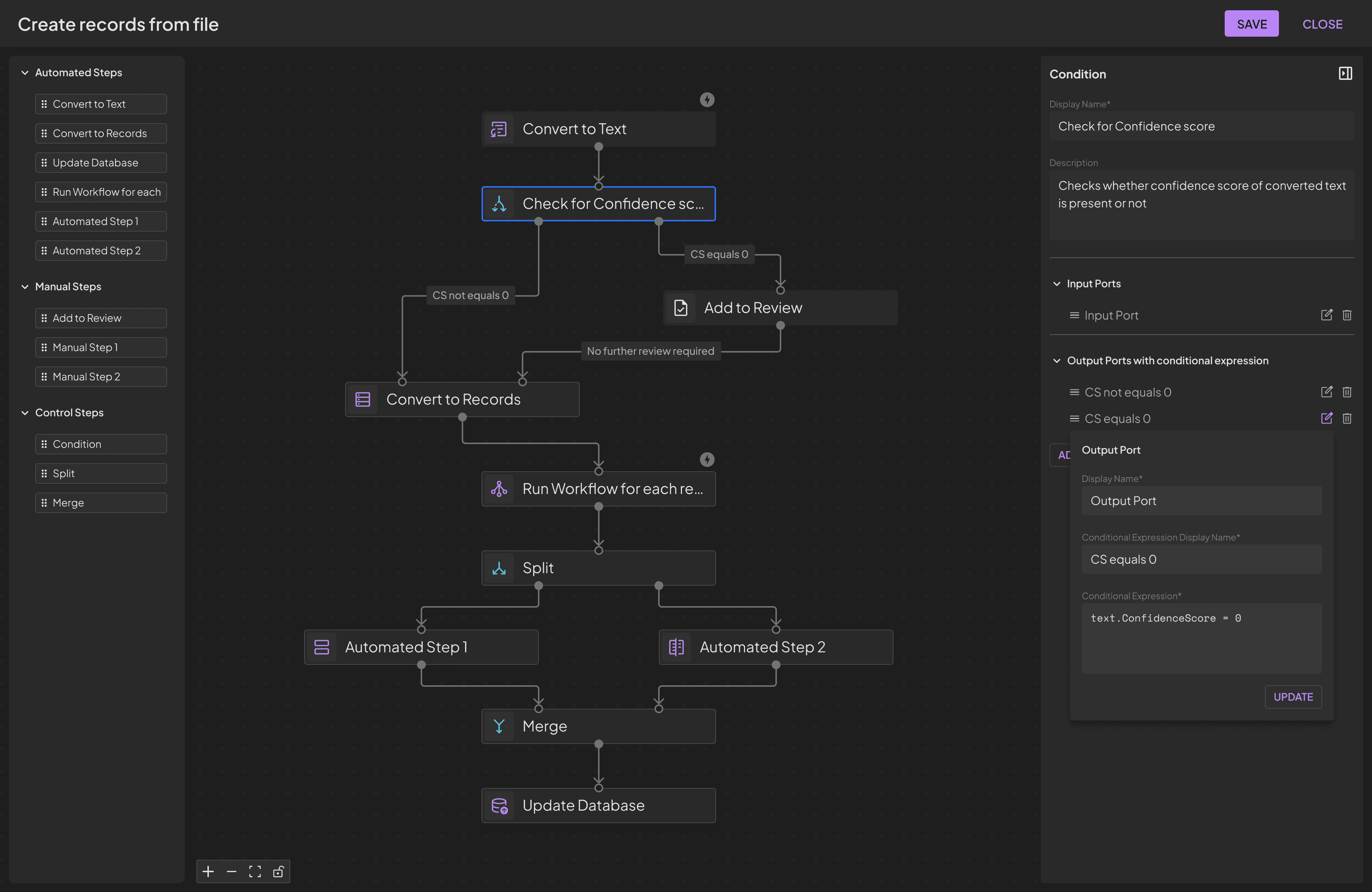 Workflow builder with ‘Check for Confidence Score’ step selected and logic editor on right