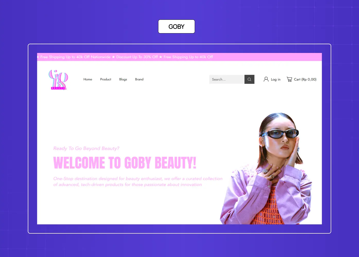 Goby Beauty homepage featuring pastel branding, beauty products, and fashion-inspired visuals.
