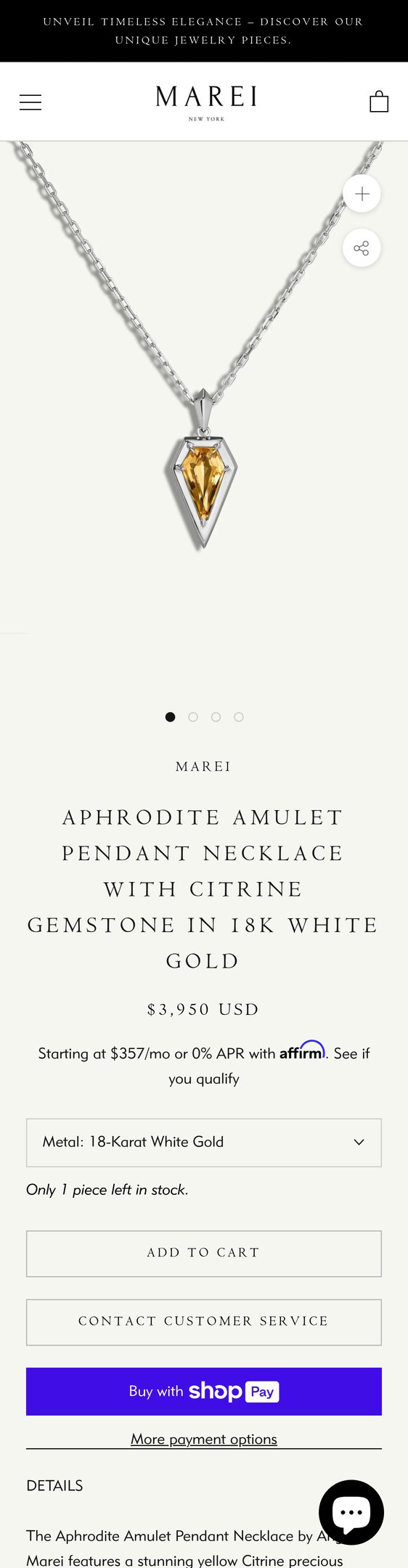 Jewelry product options include: necklace, pendant, chain for Aphrodite Amulet Pendant Necklace With Citrine Gemstone In 18K White Gold from MAREI New York.