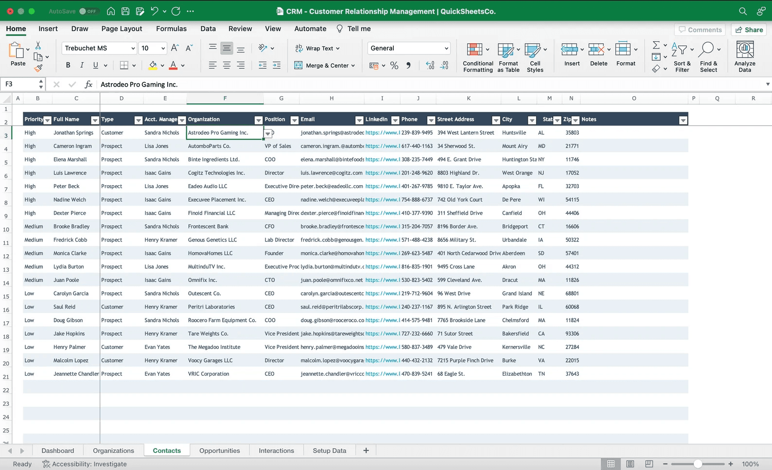 An Excel CRM with columns of key data