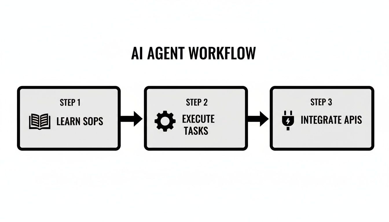 A flowchart showing the AI agent workflow: learn SOPs, execute tasks, and integrate APIs.