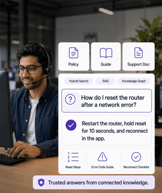 IT professional using a laptop with a search interface that combines hybrid search, RAG, and knowledge graph signals to deliver a trusted support answer.