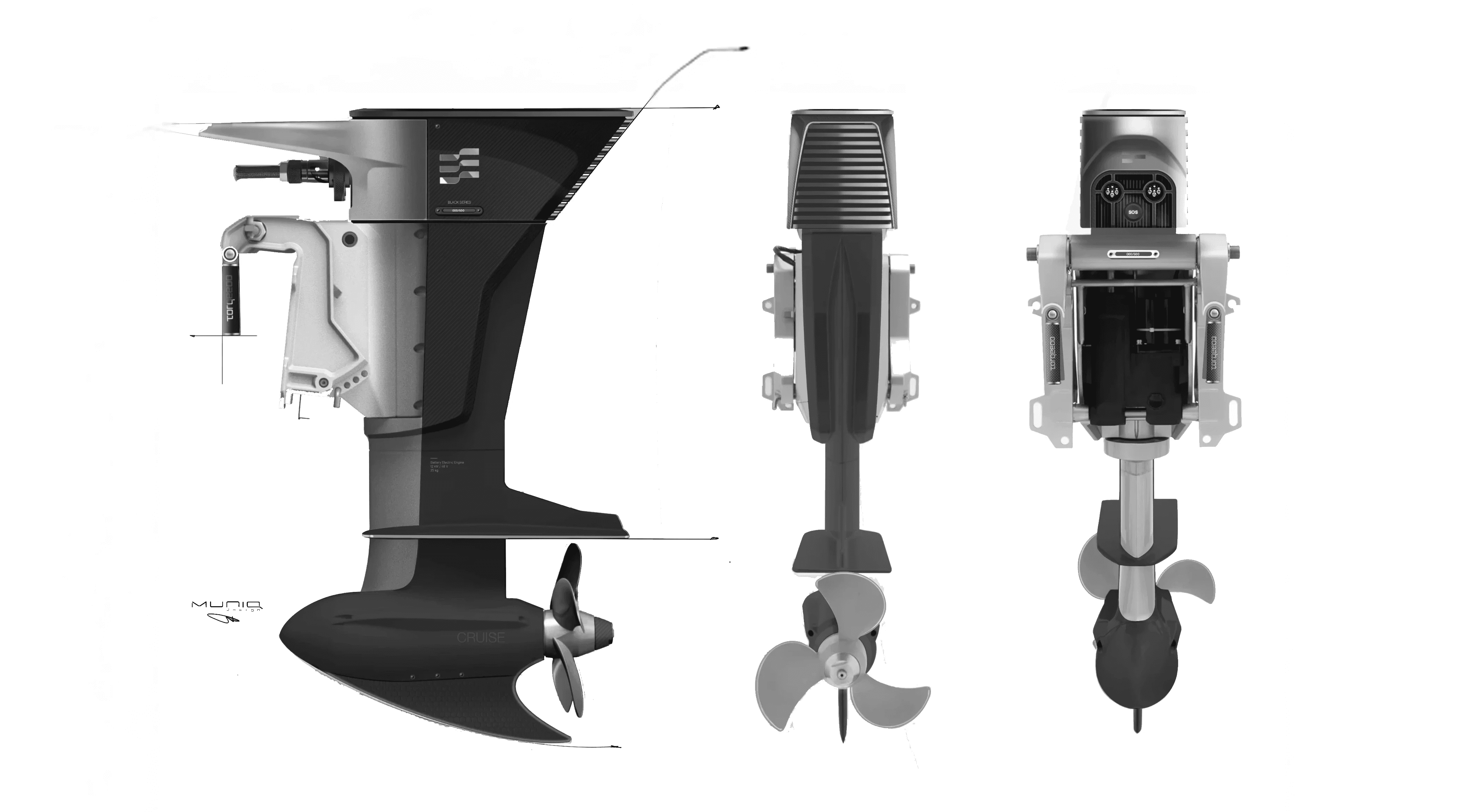 Torqeedo outboard sketch, renderingmotor concept showing internal components and assembly layout