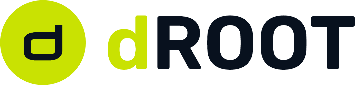 Logo-ul dROOT, cu litera „d” stilizată în galben și textul „ROOT” în negru.