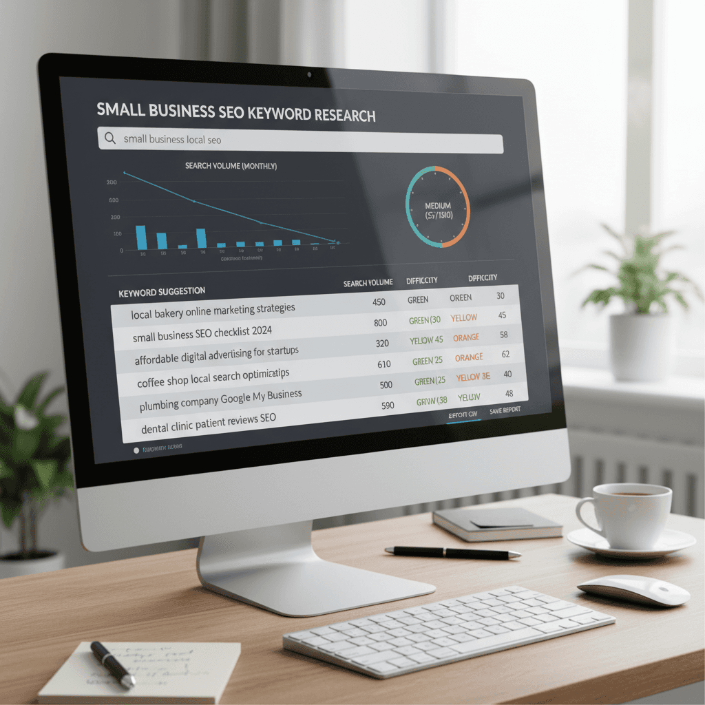 Keyword research tool displaying SEO for small business keyword opportunities with search volume data