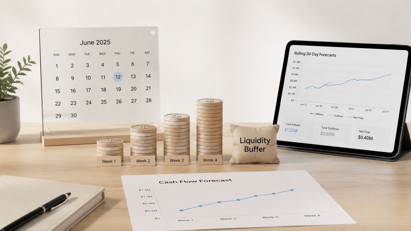 A professional desk setup with a calendar, coin stacks, a digital tablet, and cash flow charts.