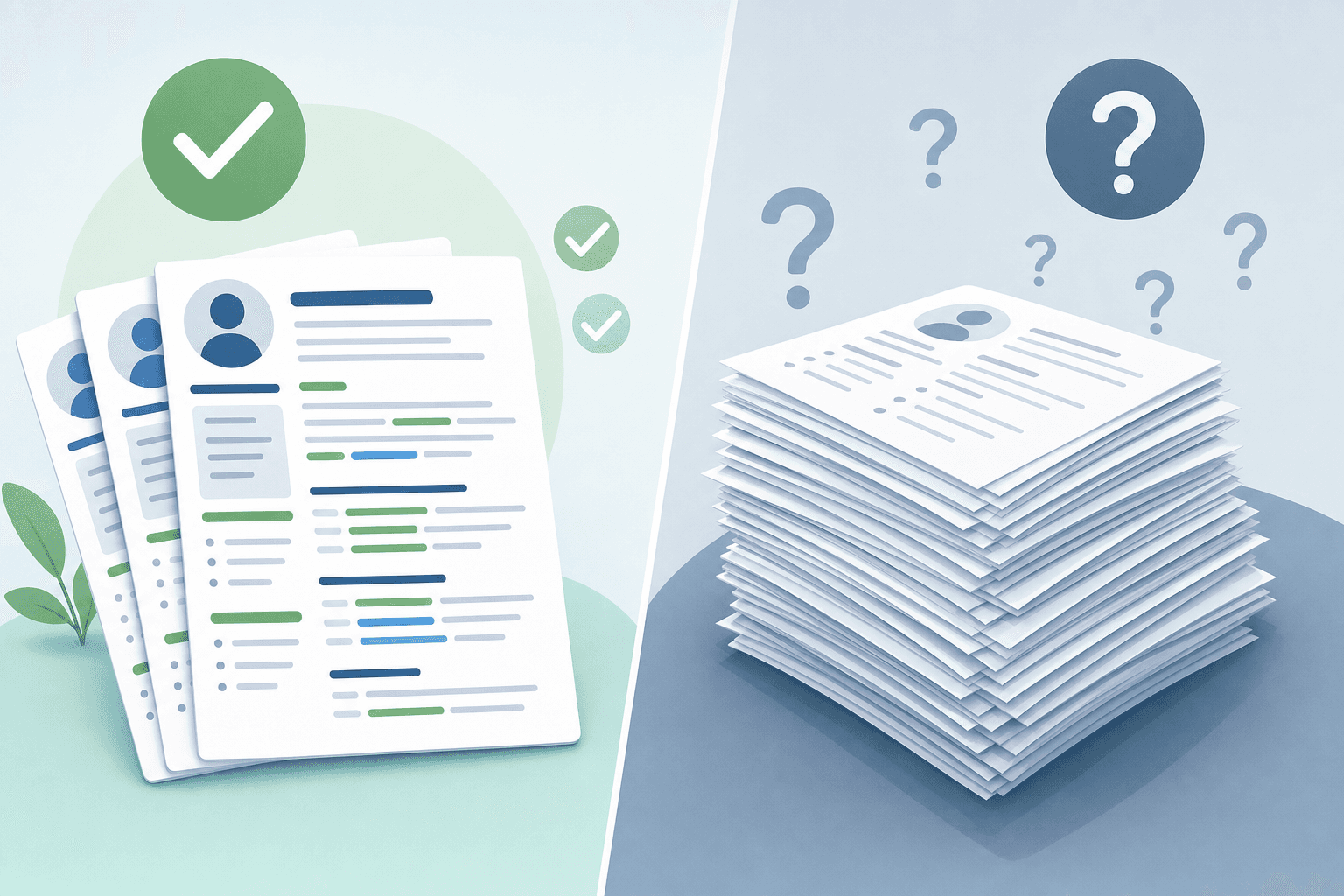 A modern, professional illustration showing the contrast between quality and quantity in job applications. On one side, show a small stack of polished, customized resumes with highlighted keywords and tailored content. On the other side, show a large pile of identical generic resumes. Use a clean, minimalist style with blues and greens. Include visual indicators like checkmarks on the quality side and question marks on the quantity side. No text or letters visible on any documents.