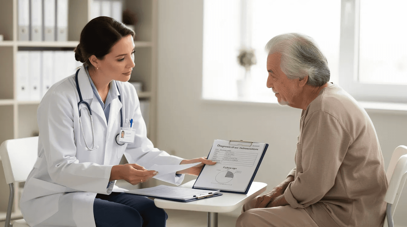 An older patient sits across from a medical professional in an office, reviewing important documents together. The scene reflects a focus on securing the patient's future, possibly discussing financial decisions related to retirement, including investment strategies and estate planning.