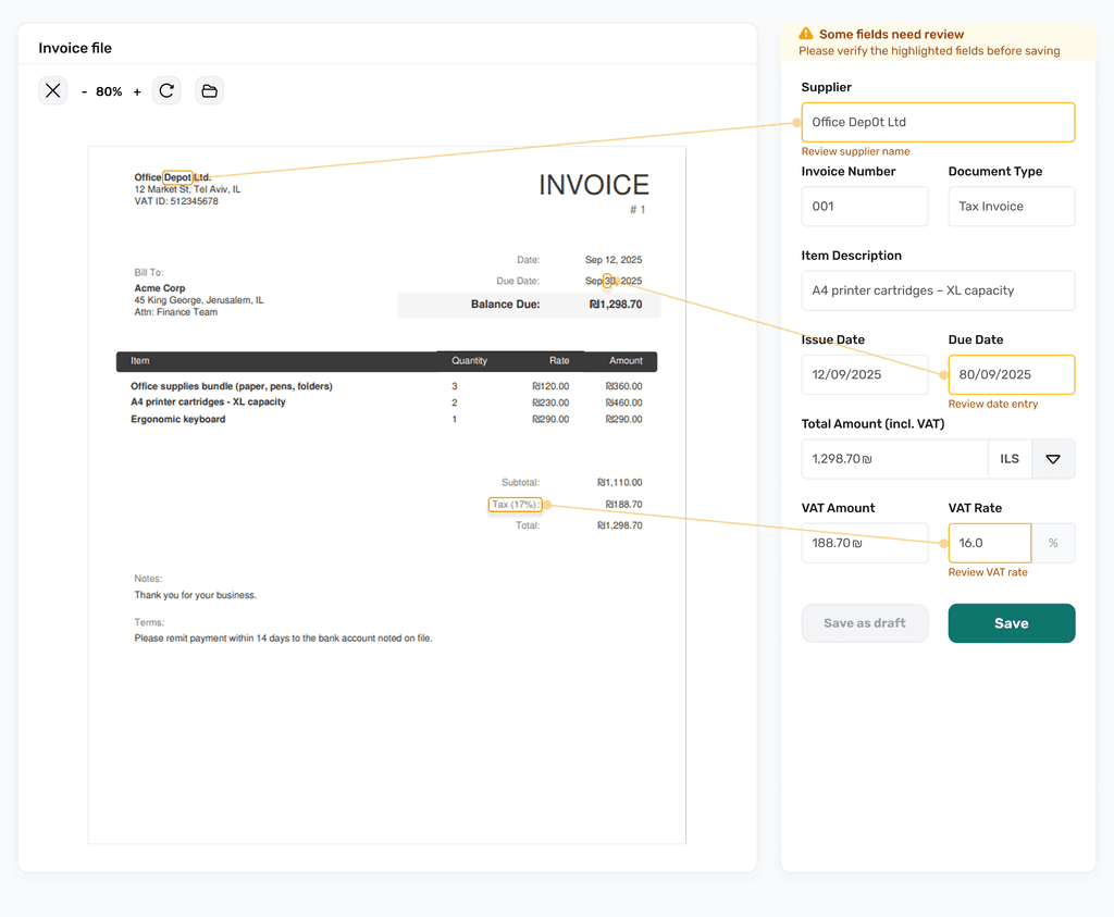 Invoice scanning warning state with highlighted fields