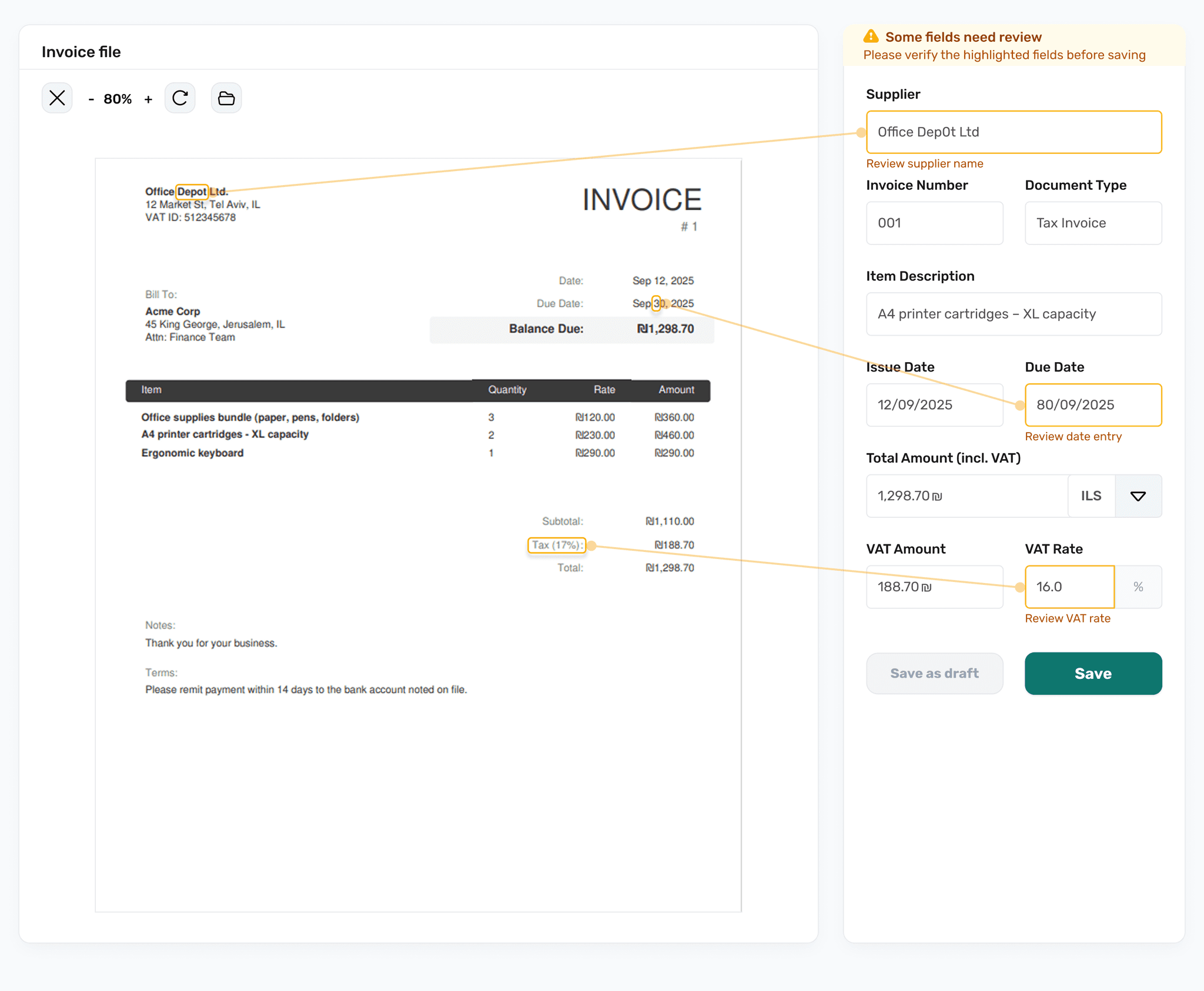 Invoice scanning warning state with highlighted fields