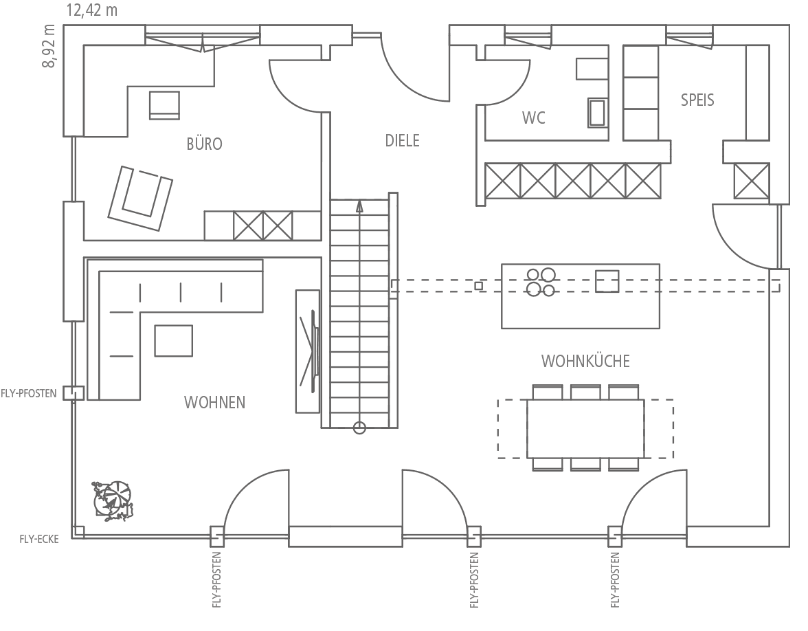 Grundriss der Wohnküche,cludes Wohnbereich, Büro, Diele, WC und Speisekammer. Abmessungen 8,92 m x 12,42 m.