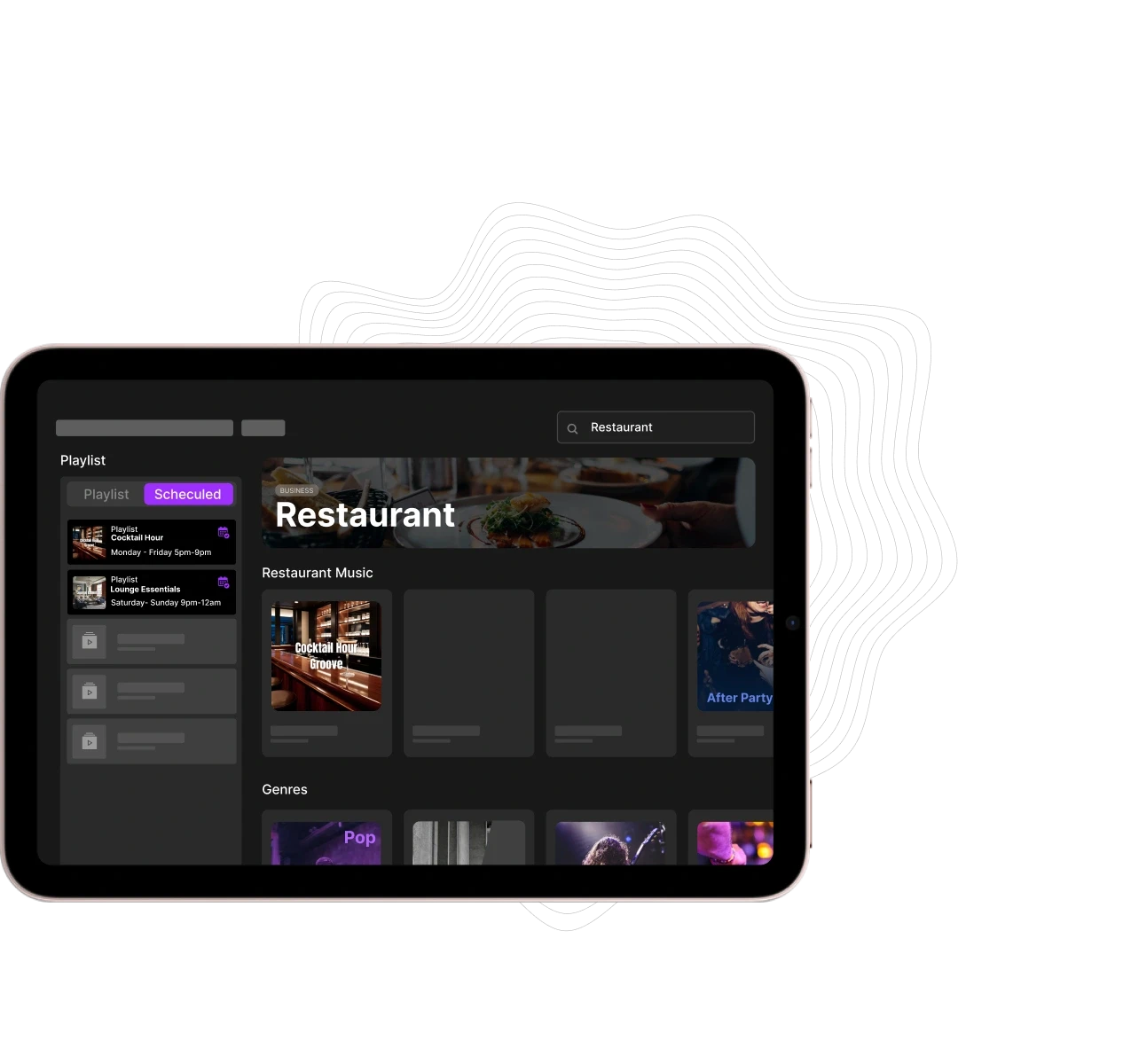 A digital tablet displaying a user interface with various options and settings on a dark background.