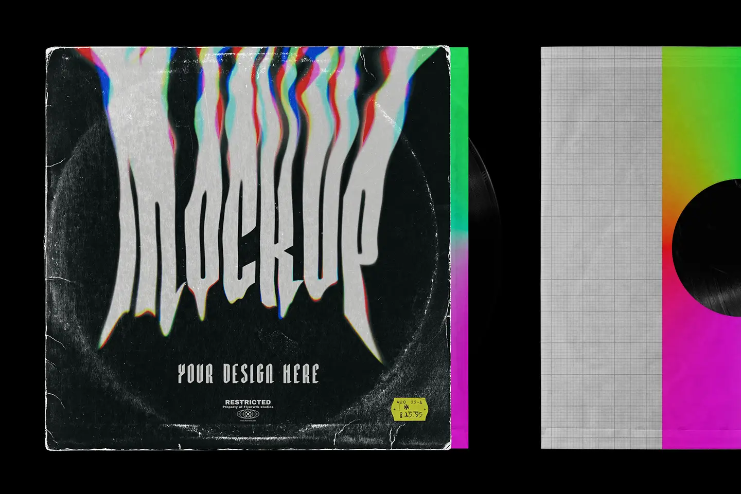 Vinyl record mockup with distorted album artwork preview and visible record sleeve