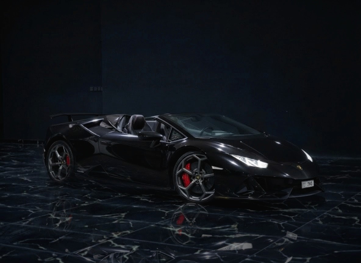 Black Lamborghini Huracan EVO Spyder AWD for rent in Dubai