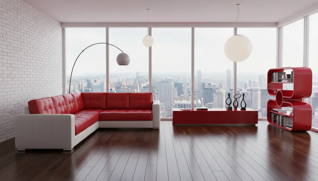 A photorealistic 3D render of a modern high-rise apartment living room, architectural visualization style. The scene is a wide-angle view featuring a large, L-shaped sectional sofa with a white frame and glossy red tufted leather cushions. The room has a polished wood plank floor and a left-side accent wall of painted white brick. In the background, floor-to-ceiling windows reveal a dense cityscape with skyscrapers. Furniture includes a long, low-profile red media console, a matching red abstract S-shaped bookcase, and a sleek black arched floor lamp over the couch. The room is illuminated by soft global illumination from the windows and two white spherical pendant lights, creating a bright and clean atmosphere.