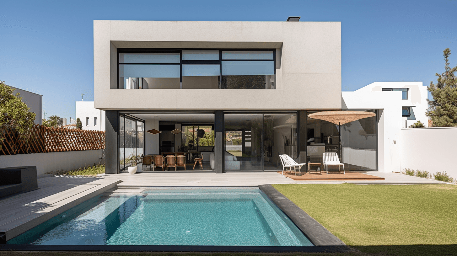 Contemporary white villa with rectangular pool, covered patio, and expansive glass doors opening to backyard