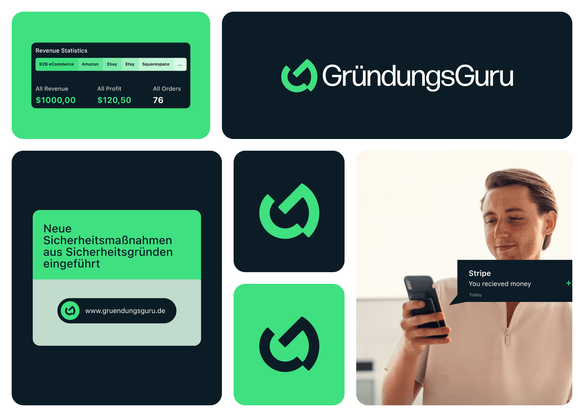 Bright green and black branding for startup consultancy GründungsGuru, including digital and print materials.