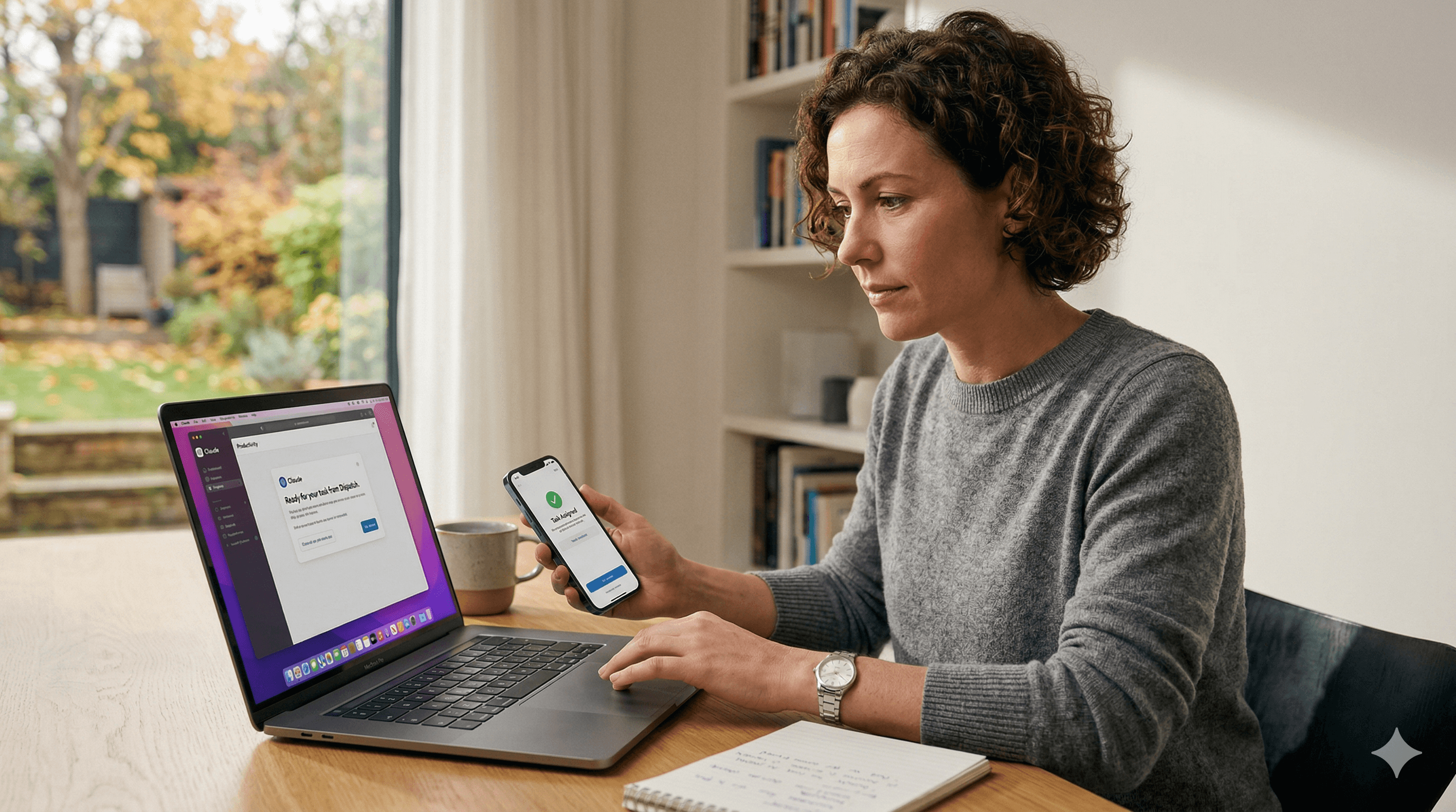 A person sits at a wooden table in a home office, using a laptop to automate macOS tasks with Dispatch, while checking a smartphone, with a window view of a garden in the background.