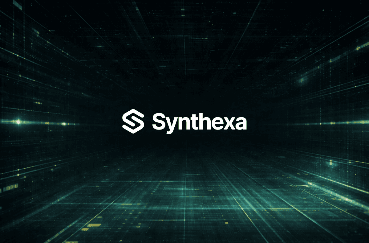 Synthex logo centered on a dark futuristic grid background with glowing green lines and depth perspective, representing a high-tech digital system environment.