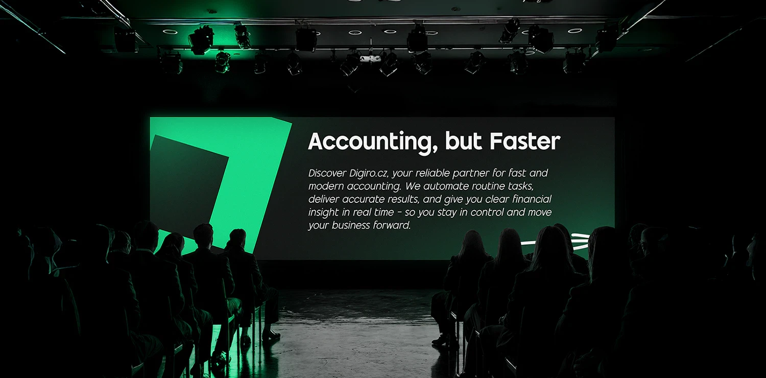 A large presentation screen in a dark conference room showing the Digiro branding and the headline “Accounting, but Faster.”