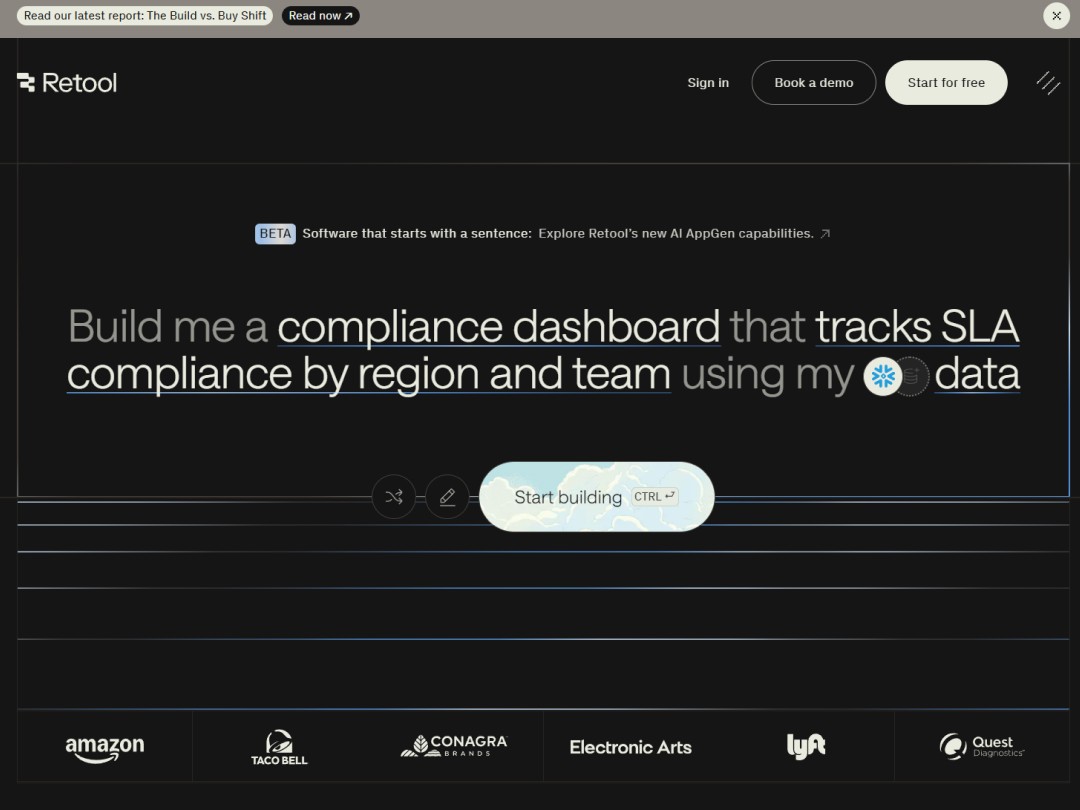Retool website hero section with a large headline, and some minimal rectangles