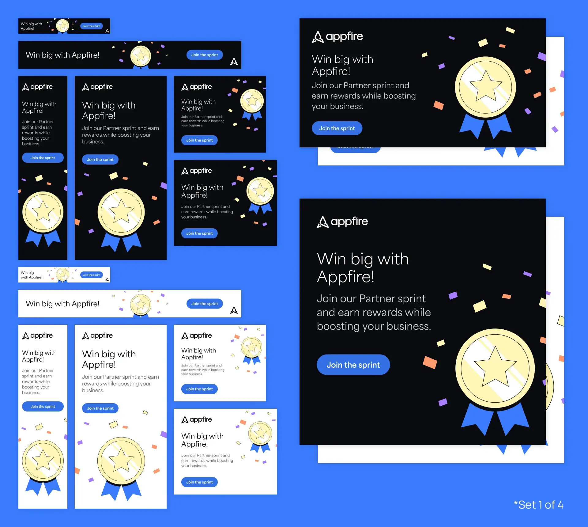 Set of digital ads promoting Appfire's Partner sprint. Main elements include a gold medal with a blue ribbon, confetti, and a "Join the sprint" button.