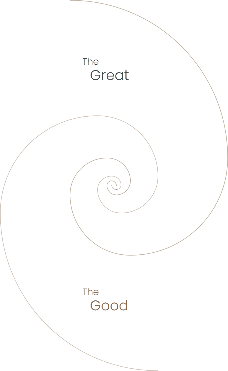 Golden spiral graphic with the words 'The Great' and 'The Good