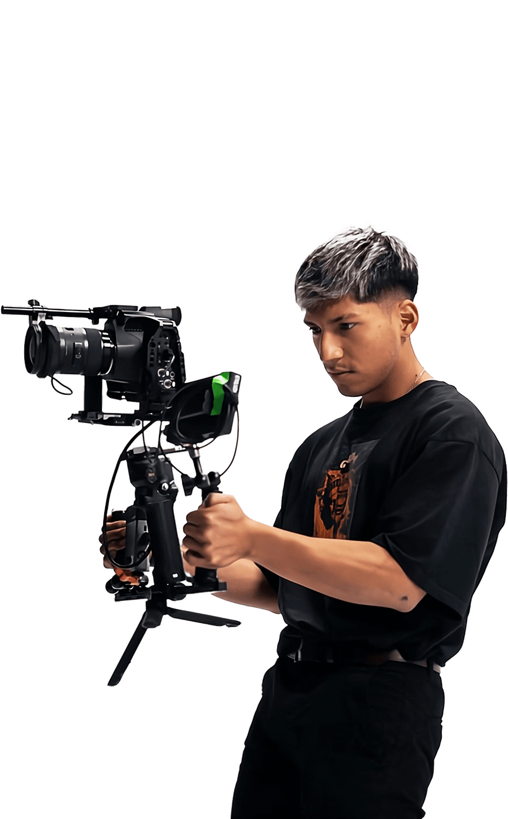 Professional videographer operating cinema camera for commercial video production