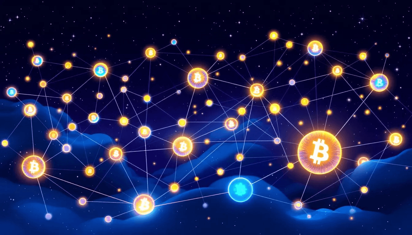 The image depicts a visualization of the Bitcoin network, showcasing interconnected nodes that process bitcoin transactions. Each node represents a wallet address, illustrating the flow of funds as users send and receive bitcoin, while emphasizing the importance of reviewing transaction details and verifying recipient addresses to avoid errors.