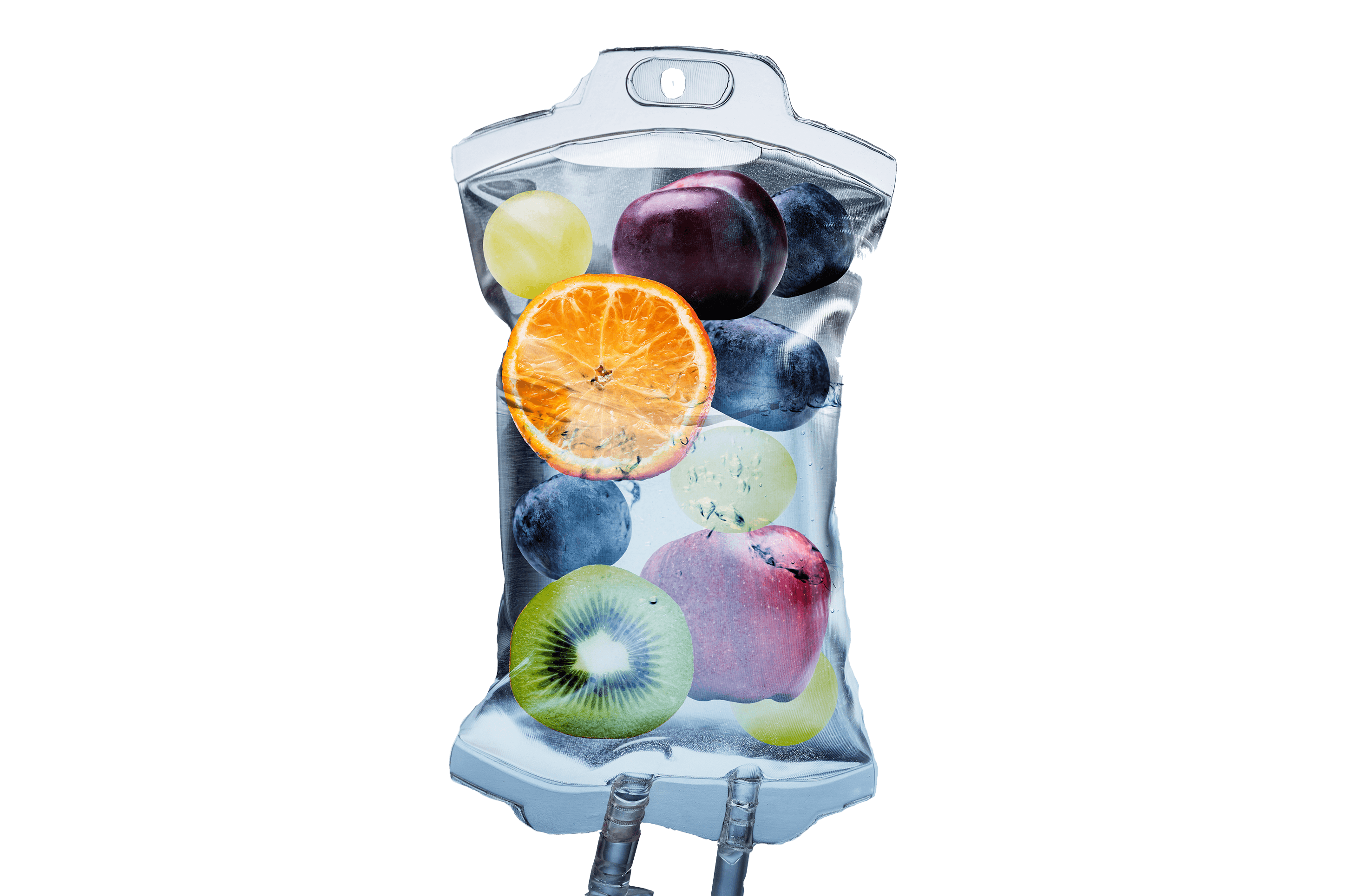 IV therapy bag with fresh fruit representing vitamin infusion drip — A+P House Calls in-home IV infusion therapy Long Island Nassau Suffolk County