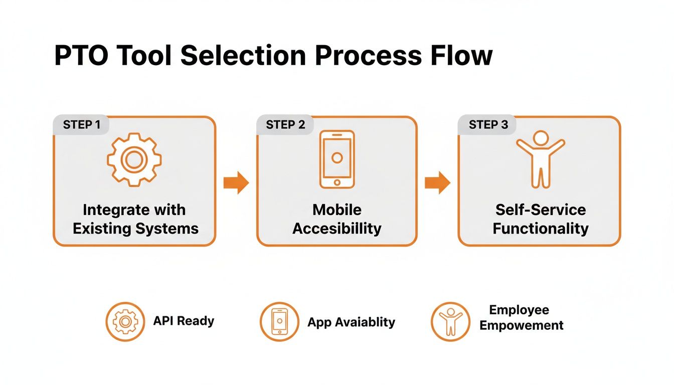 A PTO tool selection process flow detailing integration, mobile access, and self-service features.