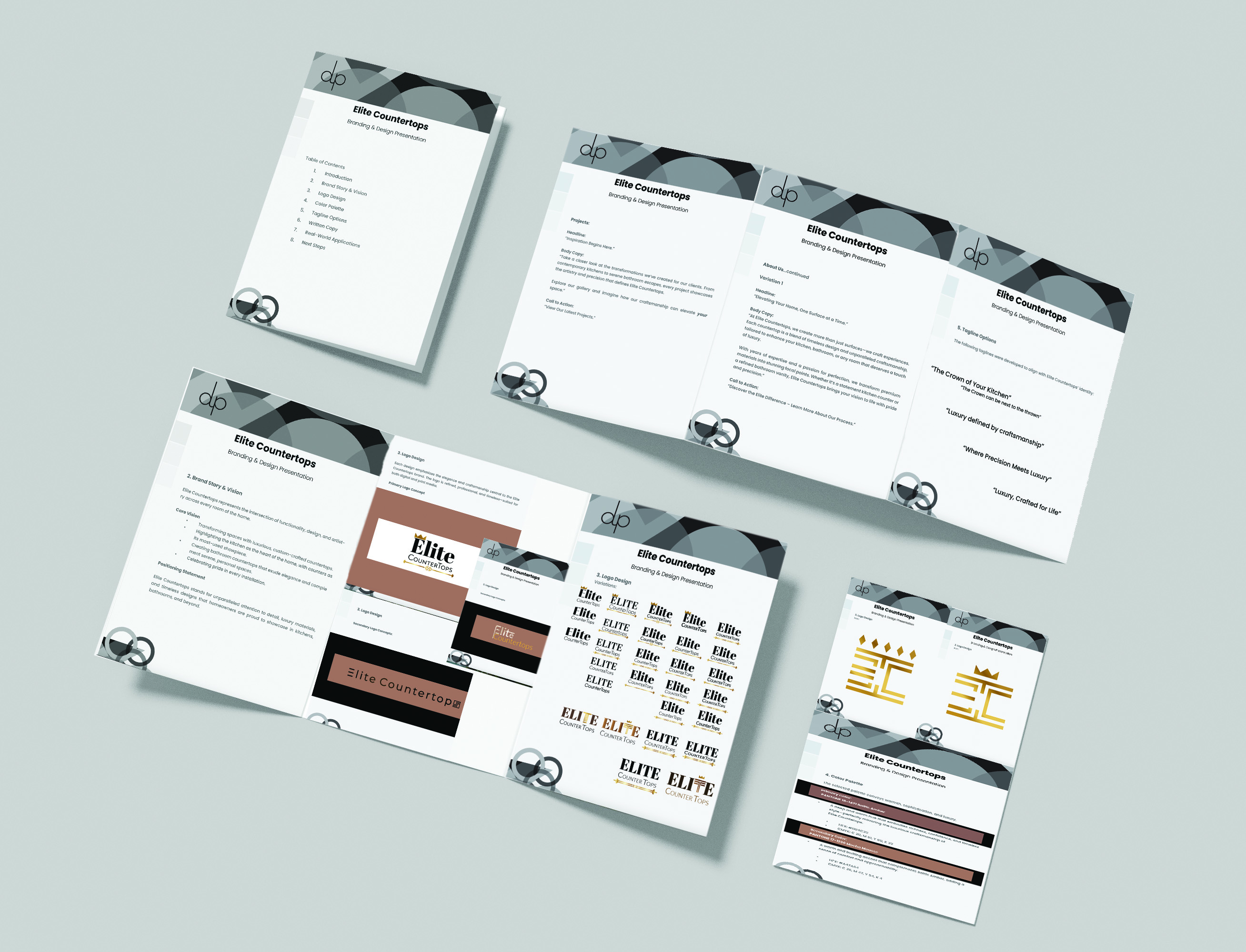 Elite Countertops brand presentation displaying final logo concepts, color palette, typography, and copywriting for rebrand approval.