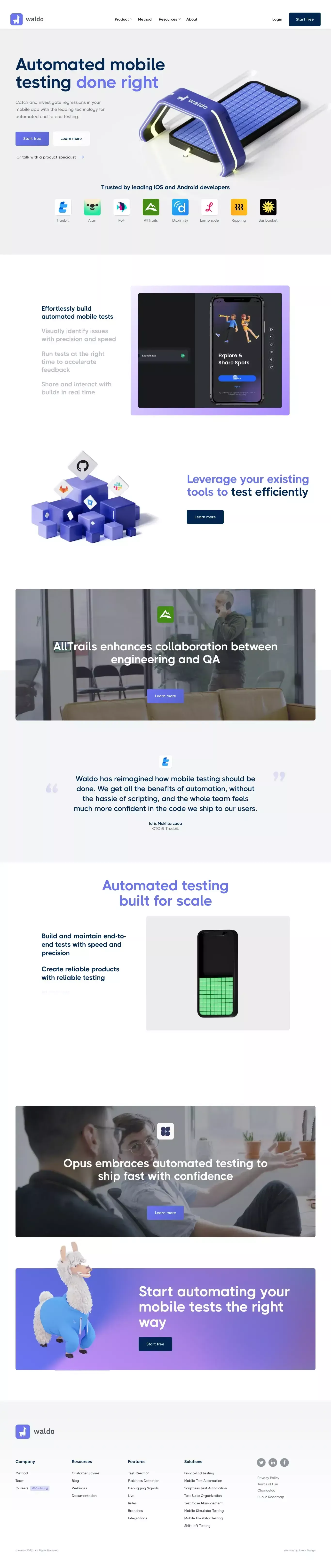 Automated mobile testing done right landing page screenshot showcasing Tech design